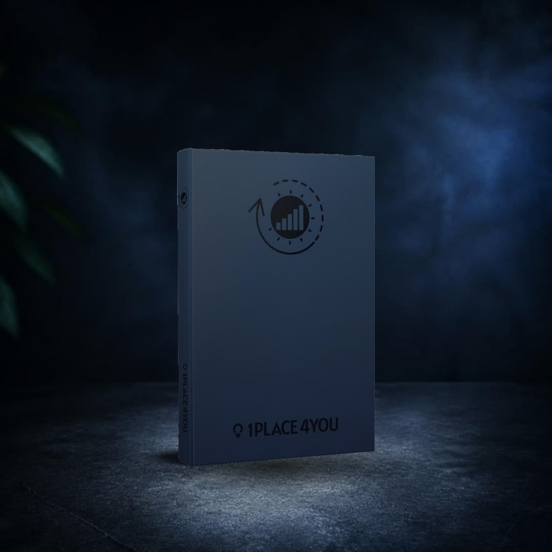 LIFE ORGANIZER von 1PLACE4YOU: dunkelblaues Hardcover-Buch auf einem dunklen Steintisch in blauem Abendlicht