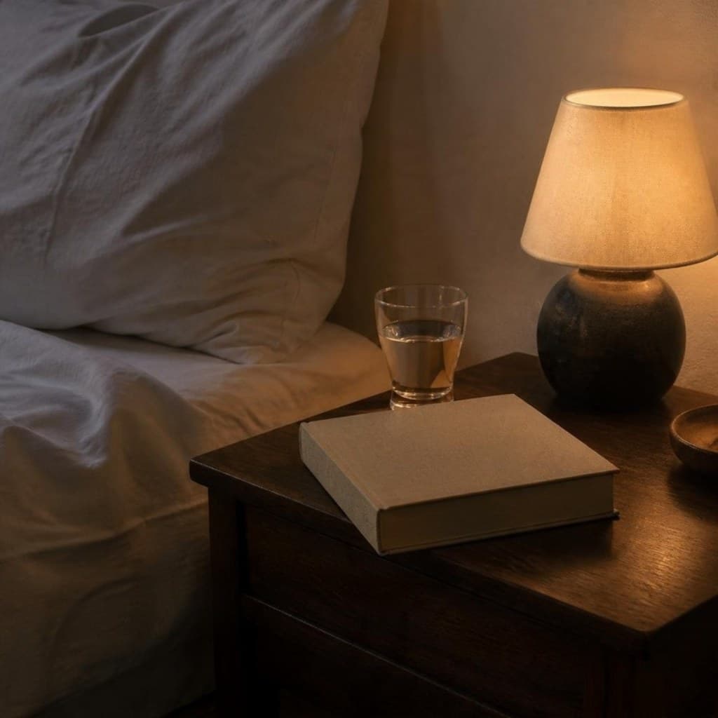 Nachttisch mit Buch, Glas Wasser und warmer Lampe am Abend