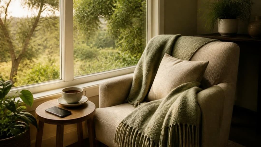 Gemütlicher Sessel am Fenster mit Wolldecke, Tasse Tee und umgedrehtem Smartphone auf einem Beistelltisch