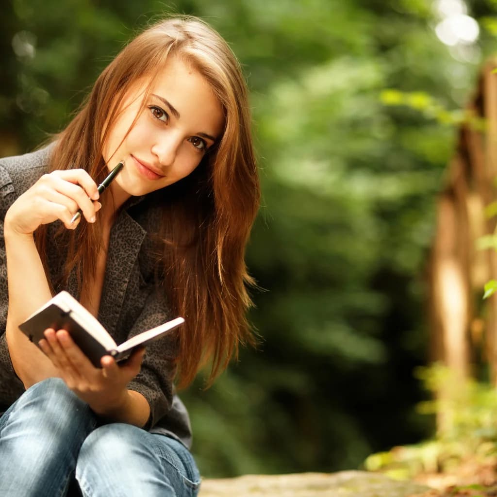Junge Frau mit Notizbuch und Stift sitzt nachdenklich im Wald