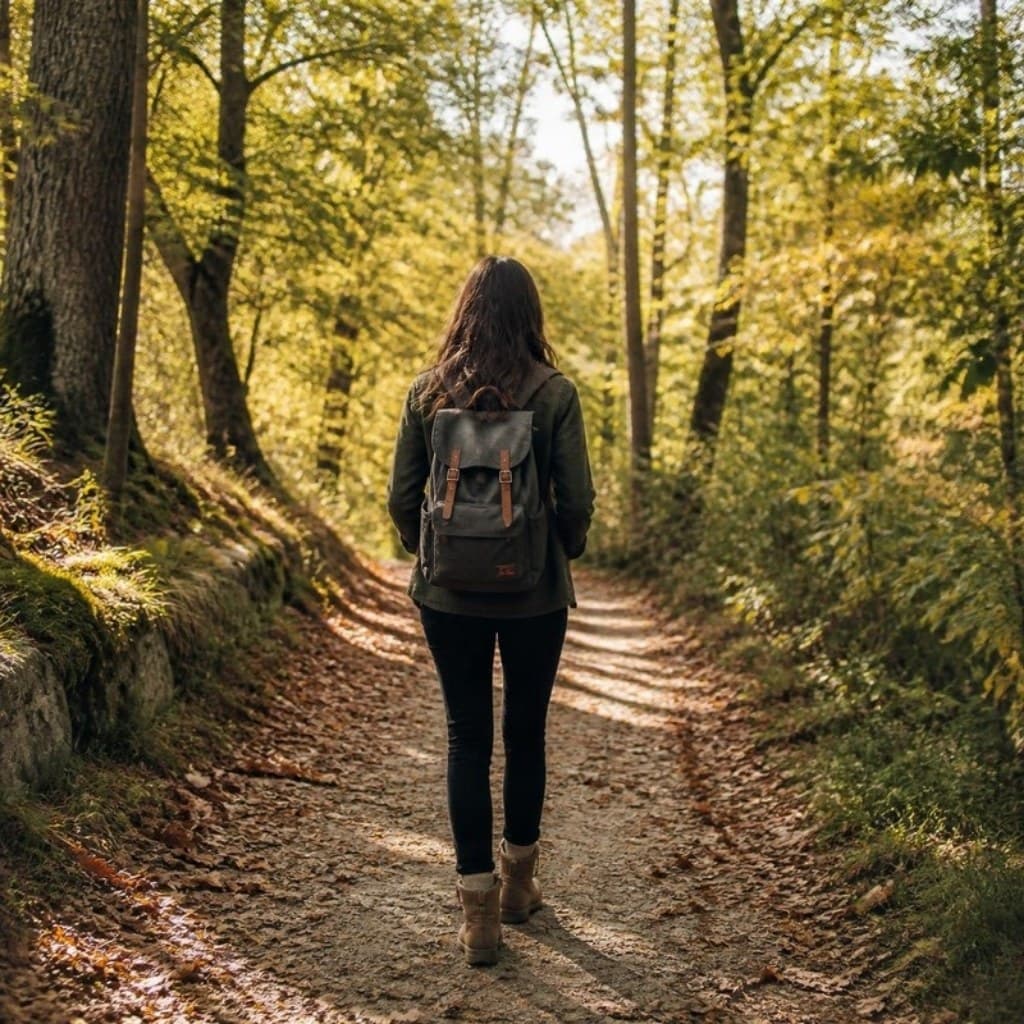 Person mit Rucksack auf einem sonnigen Waldweg