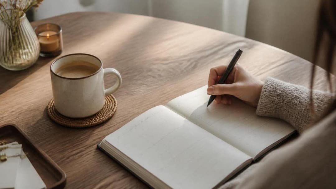 Hand schreibt in ein Notizbuch auf einem Holztisch, daneben ein Kaffeebecher und eine Kerze