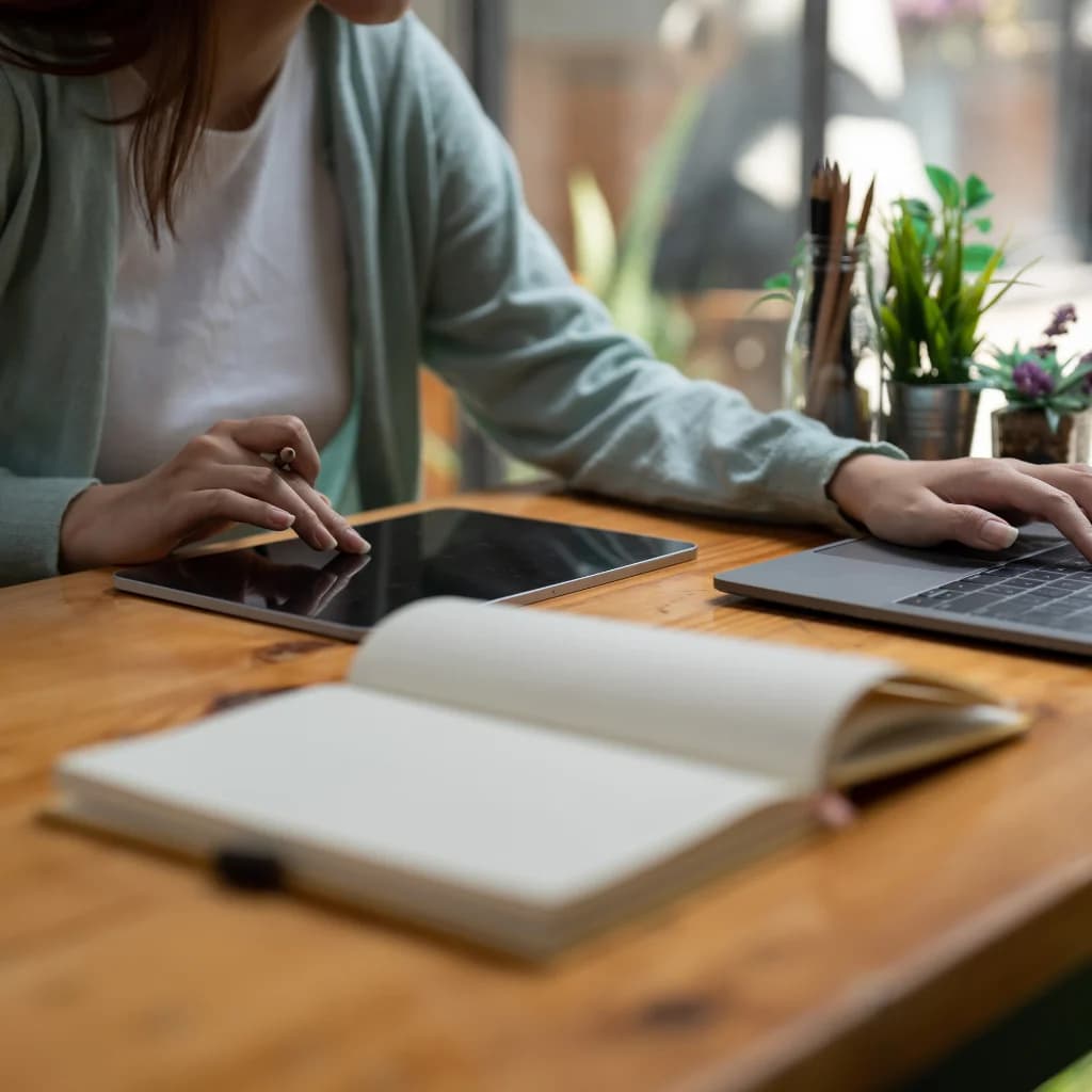Person arbeitet am Laptop und Tablet, davor ein aufgeschlagenes Notizbuch