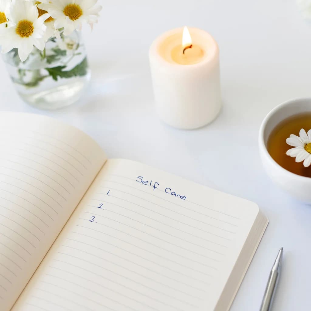 Notizbuch mit der Überschrift „Self Care“, Kerze, Kamillentee und Gänseblümchen