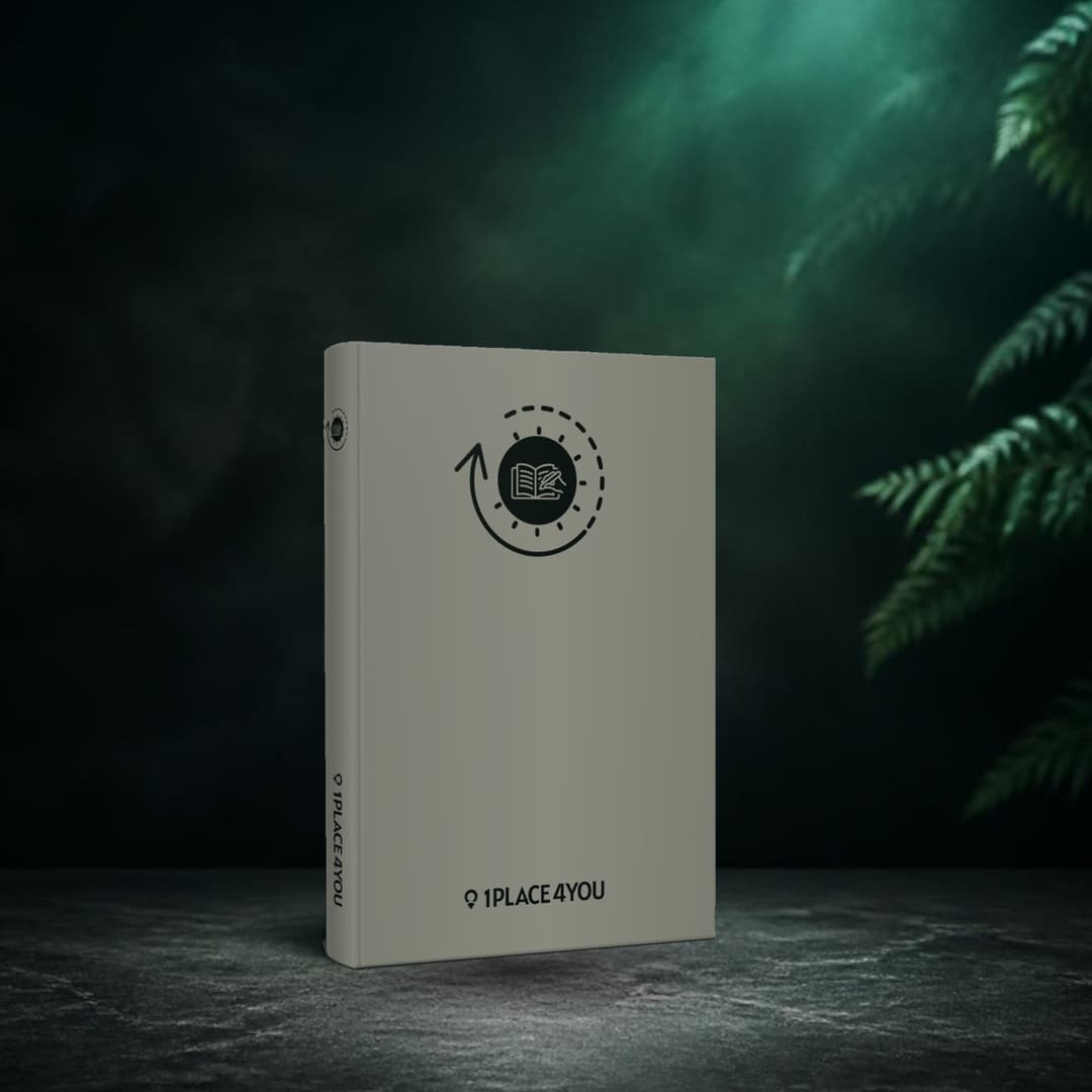 MIND JOURNAL von 1PLACE4YOU: beiges Hardcover-Buch auf einem dunklen Steintisch neben Farnblättern in grünem Licht