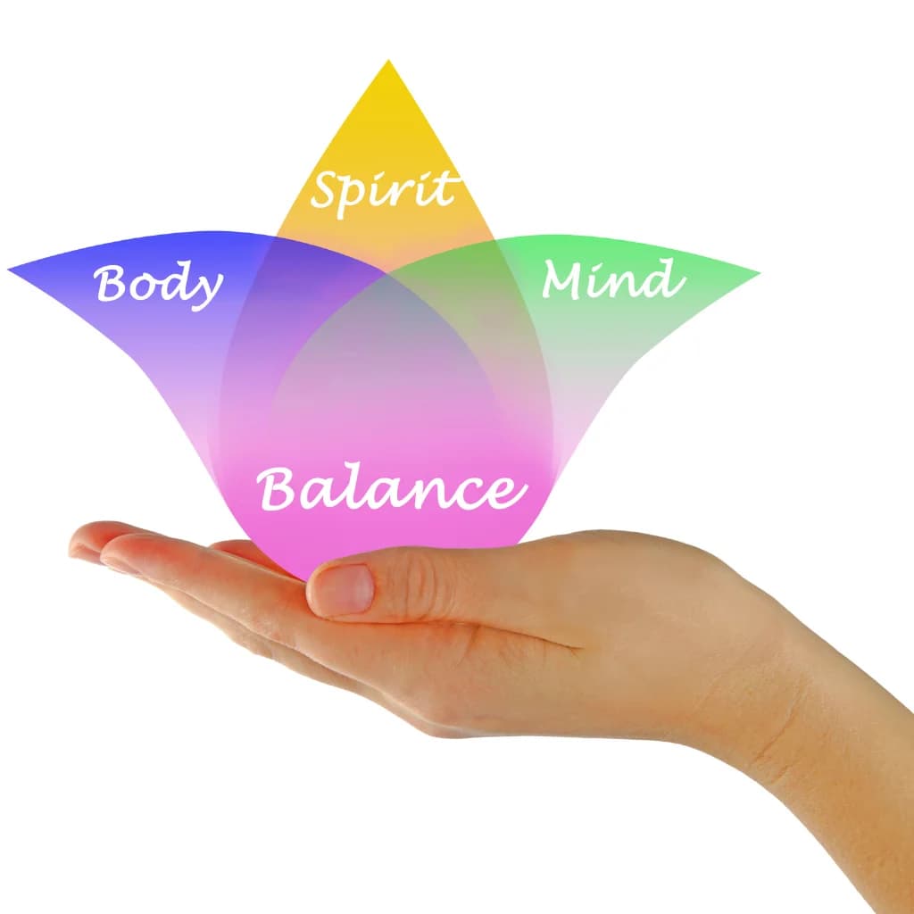 Hand hält eine Blüte mit den Begriffen Body, Mind, Spirit und Balance