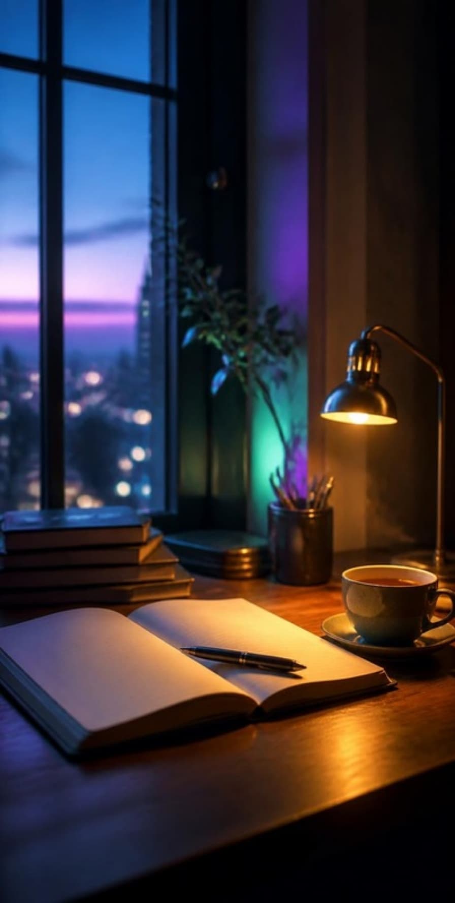 Aufgeschlagenes Notizbuch auf einem Schreibtisch am Fenster in der Abenddämmerung, warmes Lampenlicht und die Lichter der Stadt