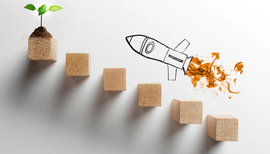 Holzklötze als Treppe, oben ein kleiner Setzling, daneben eine gezeichnete Rakete