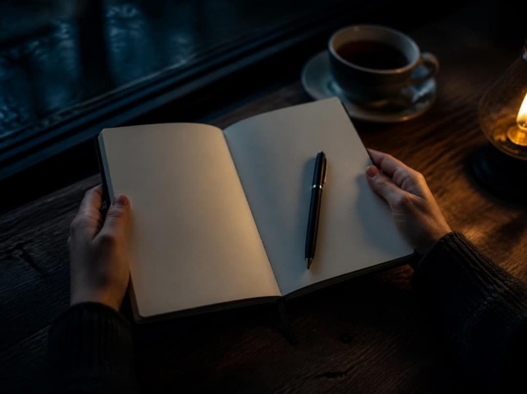 Hände halten ein aufgeschlagenes Notizbuch an einem Tisch am Fenster zur blauen Stunde, daneben ein Stift und eine Tasse Tee