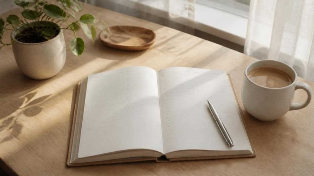 Aufgeschlagener Wochenplaner mit Stift und Kaffeetasse auf hellem Holztisch im Morgenlicht