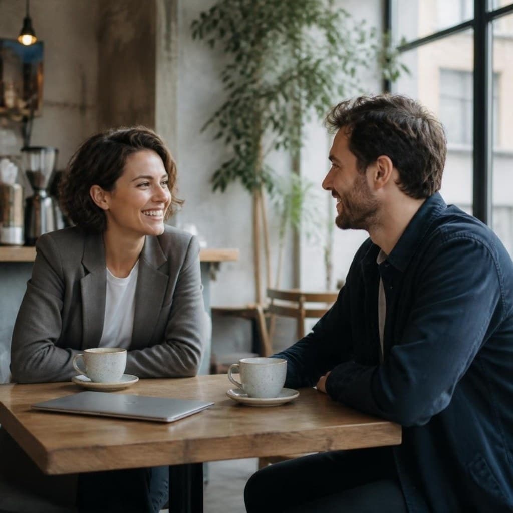 Zwei Menschen im entspannten Gespräch bei Kaffee in einem Café