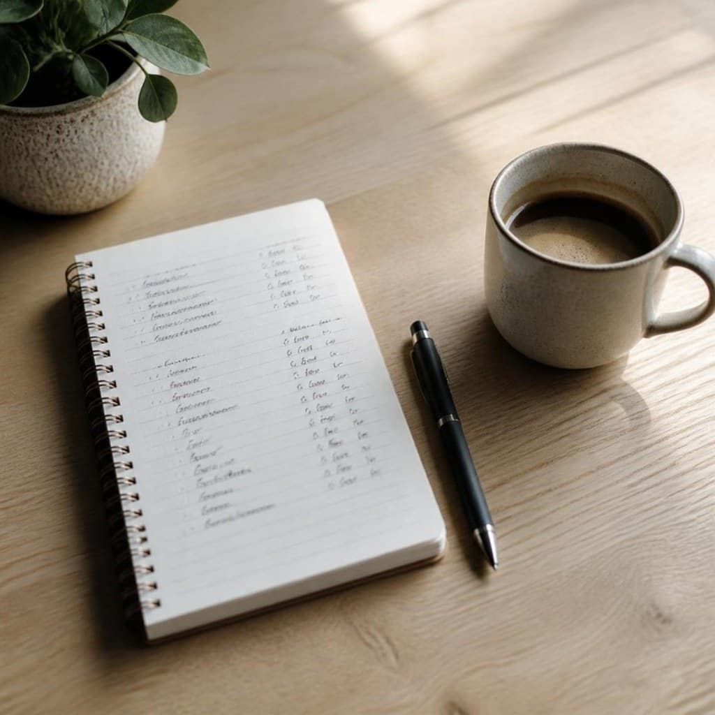 Notizbuch mit handschriftlicher Budgetliste, Stift und Kaffee