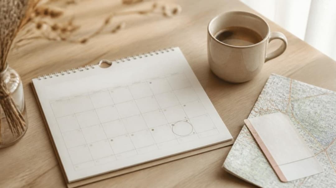 Wandkalender auf hellem Holztisch neben Kaffeetasse, gefalteter Landkarte und Fahrkarte