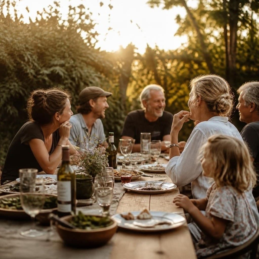 Familie und Freunde beim gemeinsamen Essen im Garten bei Abendsonne