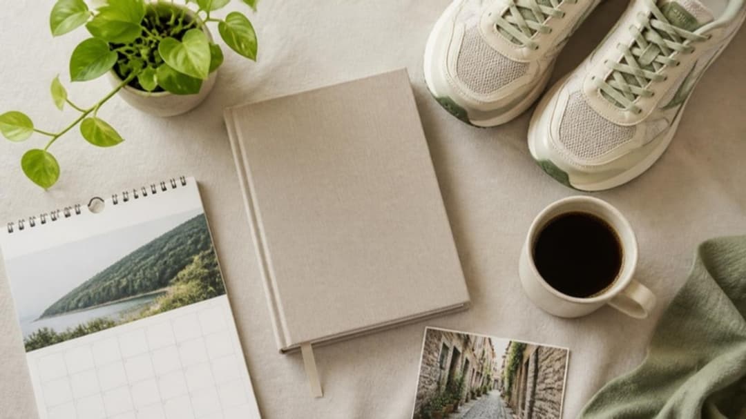 Flat Lay mit Notizbuch, Pflanze, Laufschuhen, Kaffeetasse und Kalenderblatt auf hellem Leinen