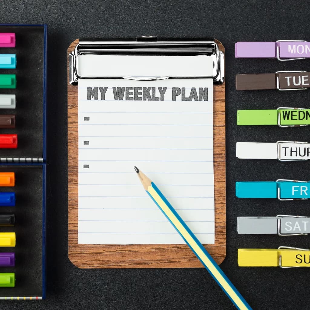 Klemmbrett „My Weekly Plan“ mit Wochentagen als farbige Haftstreifen