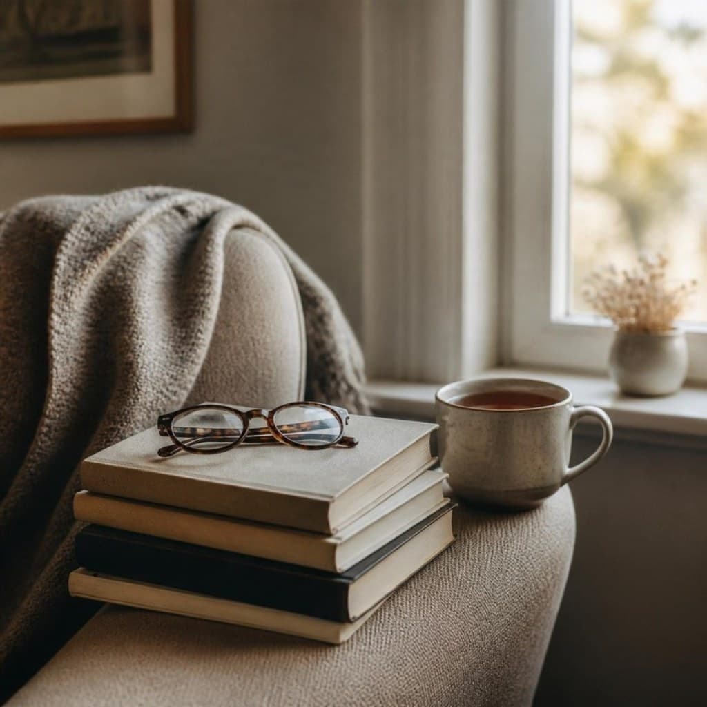 Bücherstapel mit Lesebrille und Tee auf einem Sessel am Fenster