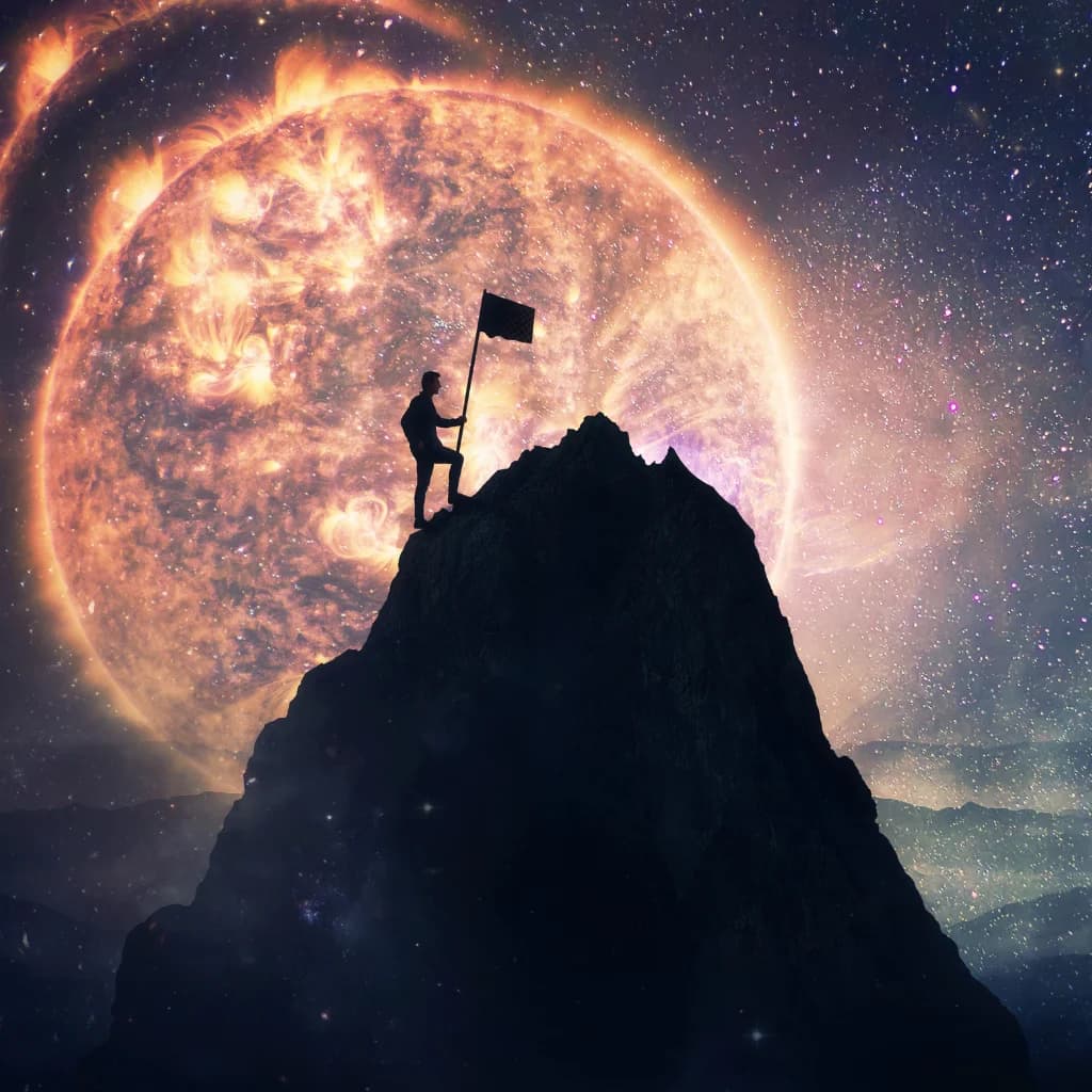 Silhouette einer Person mit Fahne auf einem Gipfel vor einem glühenden Planeten