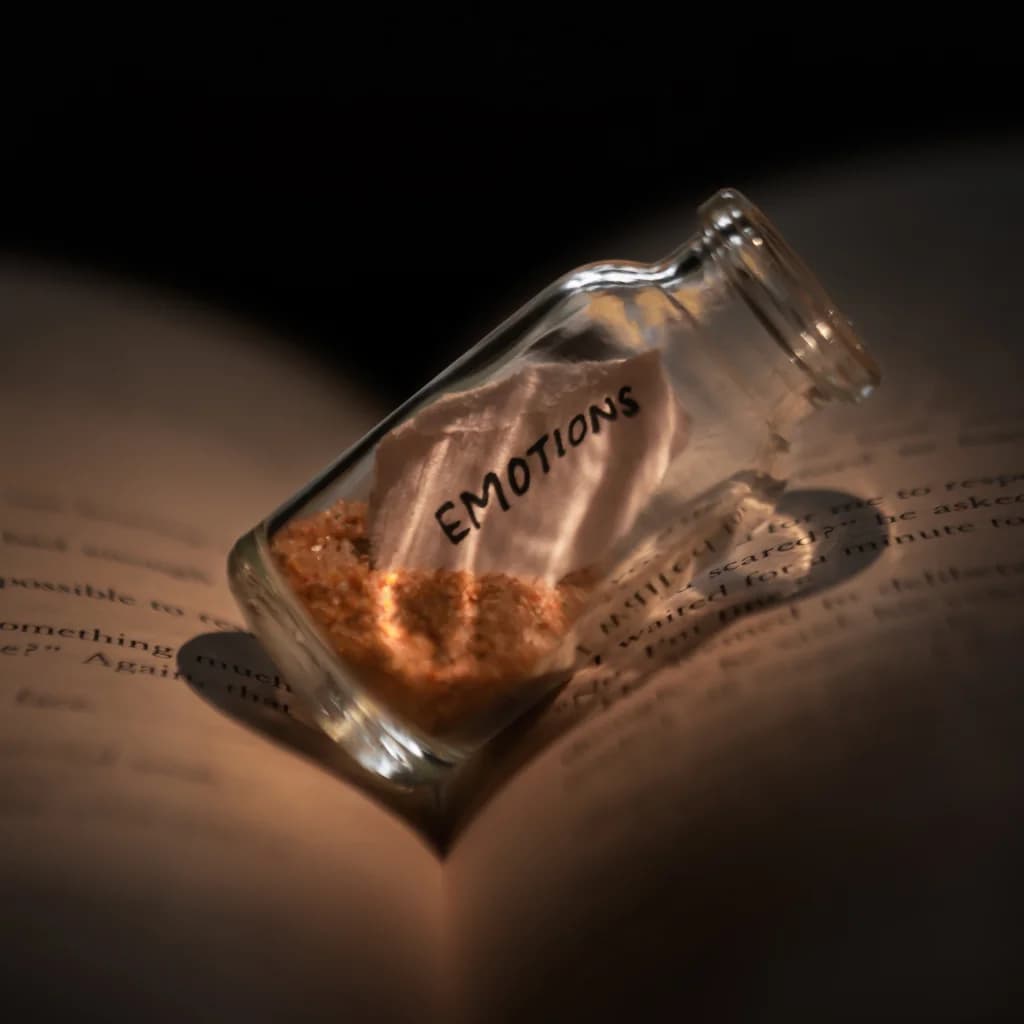 Glasflasche mit der Aufschrift „Emotions“ auf einem aufgeschlagenen Buch