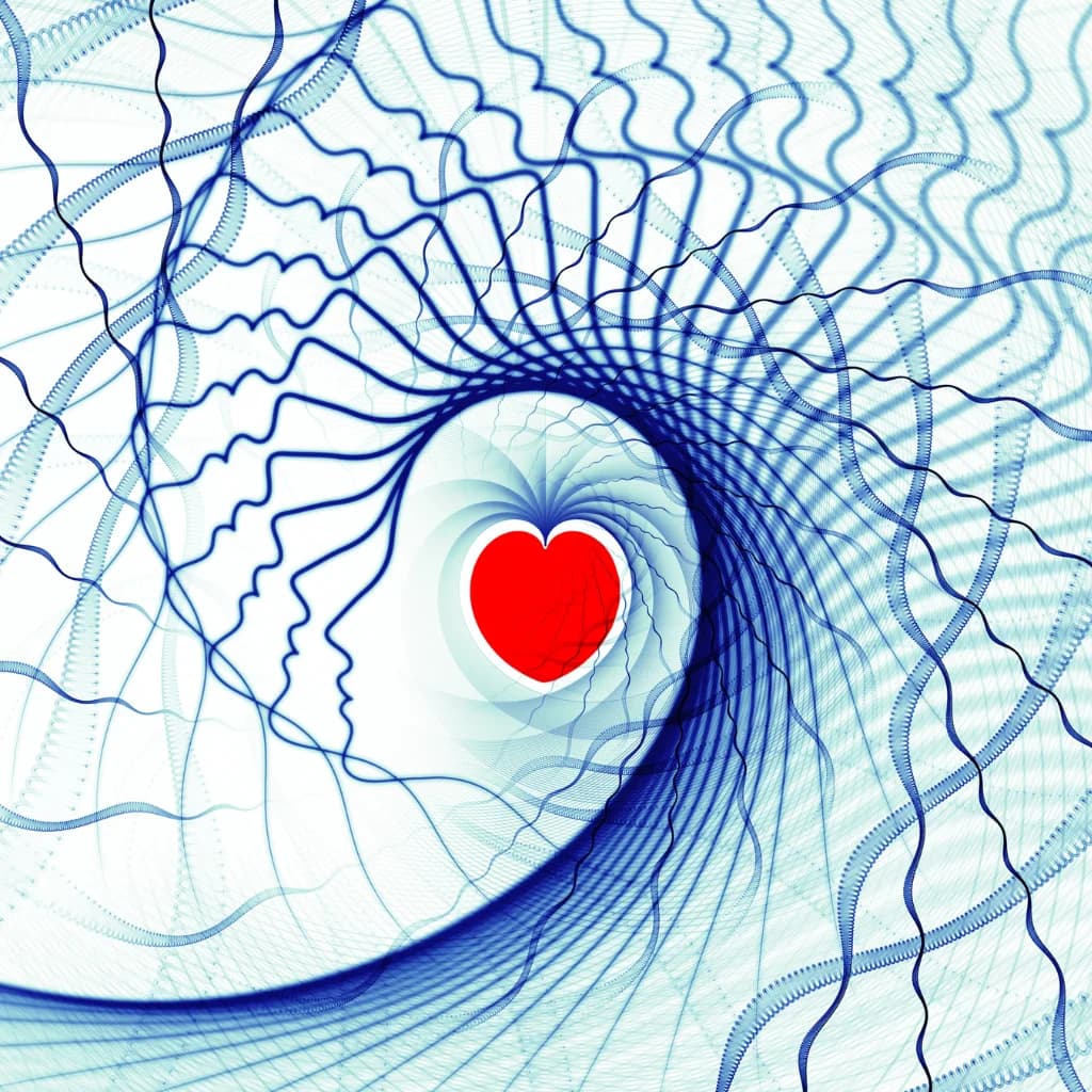 Rotes Herz im Zentrum einer blauen Spirale aus feinen Linien