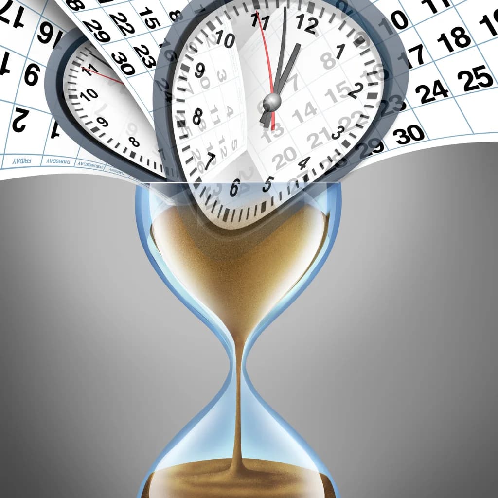 Uhren und Kalenderblätter fließen in eine Sanduhr