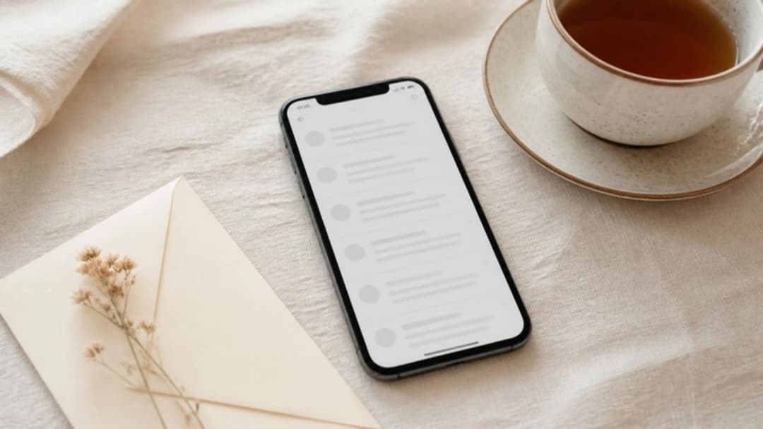 Smartphone mit Posteingang auf Leinentischdecke neben Tasse Tee und Briefumschlag mit Trockenblume