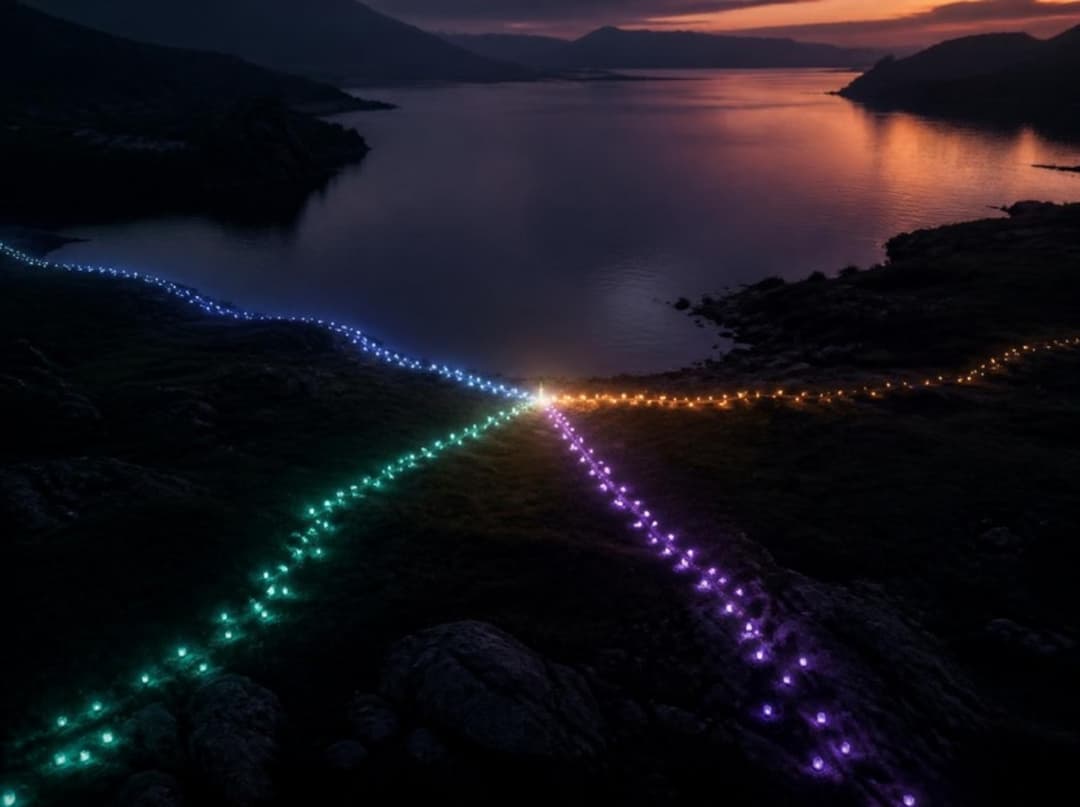 Vier leuchtende Wege in Blau, Grün, Violett und Gold treffen sich in der Dämmerung an einem See in einem Punkt
