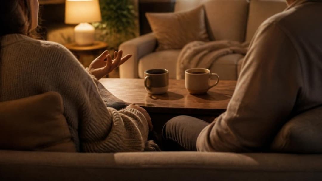 Zwei Menschen im Gespräch auf einem Sofa bei warmem Lampenlicht, zwei Tassen auf dem Tisch