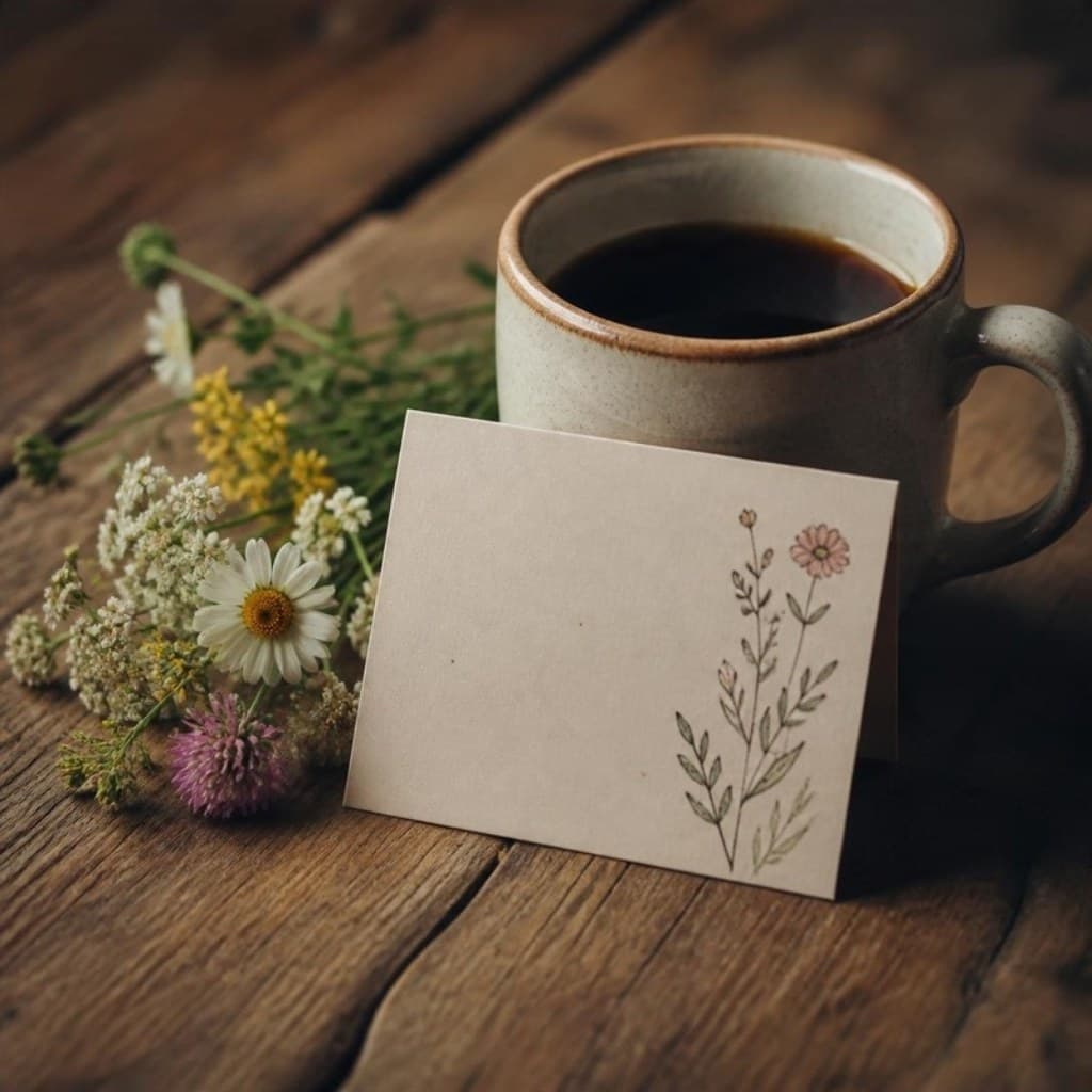 Dankeskarte neben einer Tasse Kaffee und Wildblumen