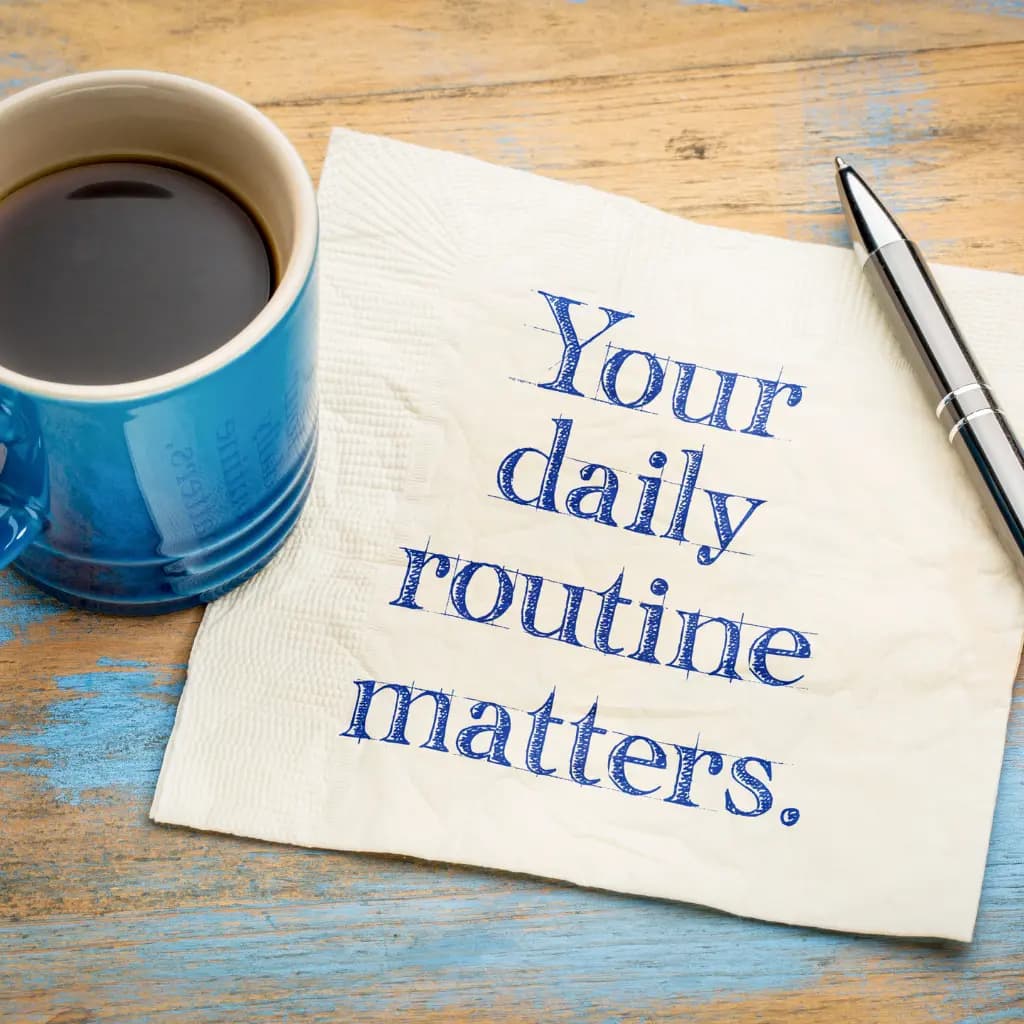Kaffeetasse neben einer Serviette mit „Your daily routine matters.“