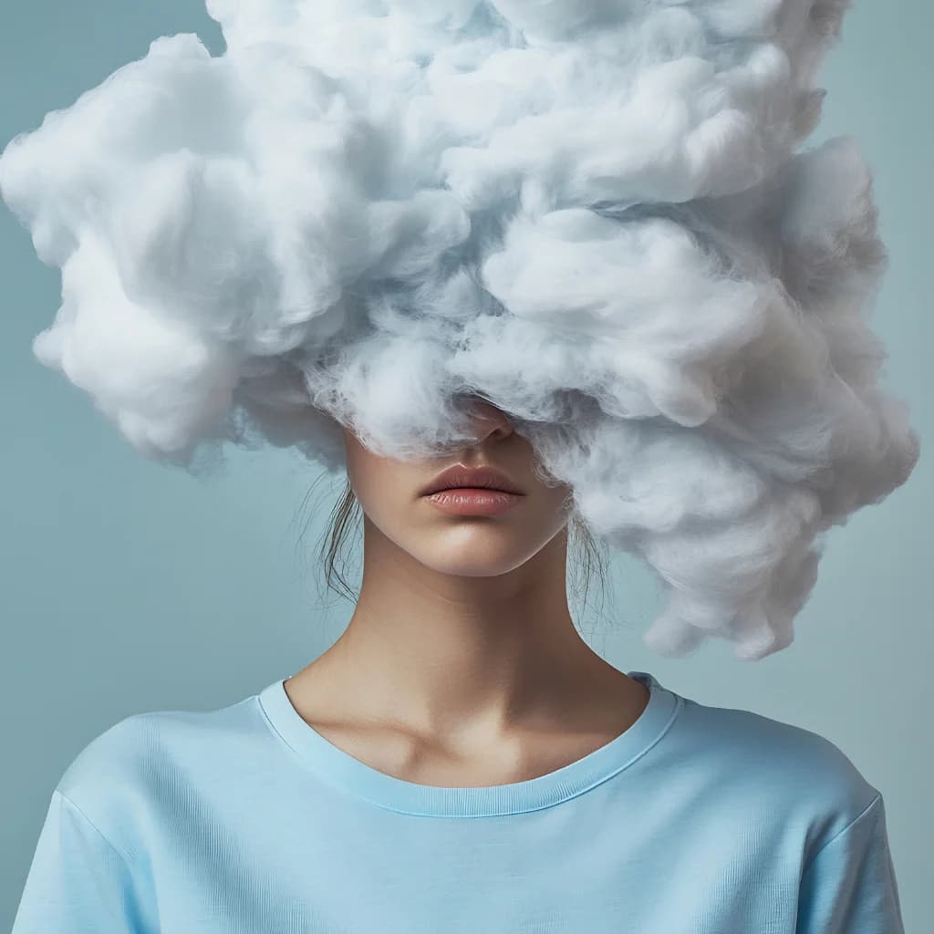 Frau, deren Kopf von einer weißen Wolke verdeckt ist