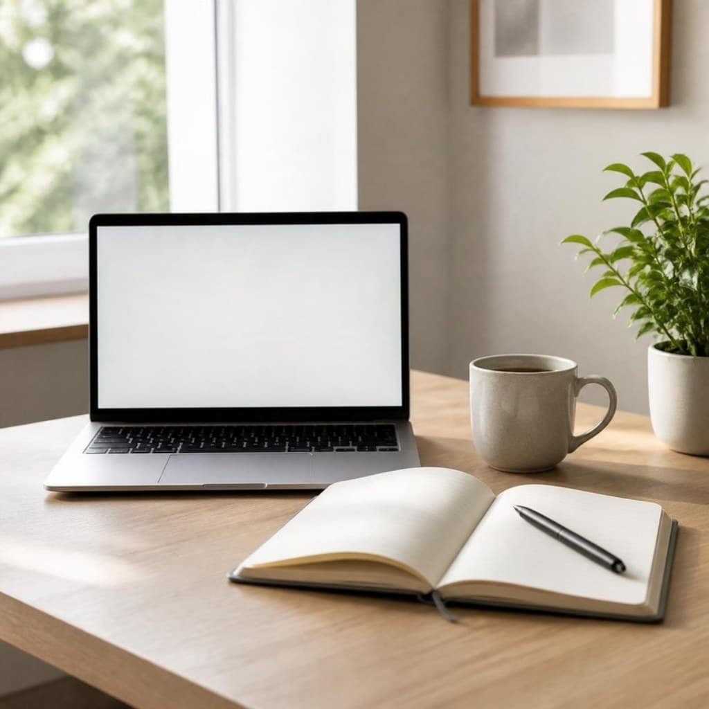 Schreibtisch mit Laptop, Notizbuch und Kaffee