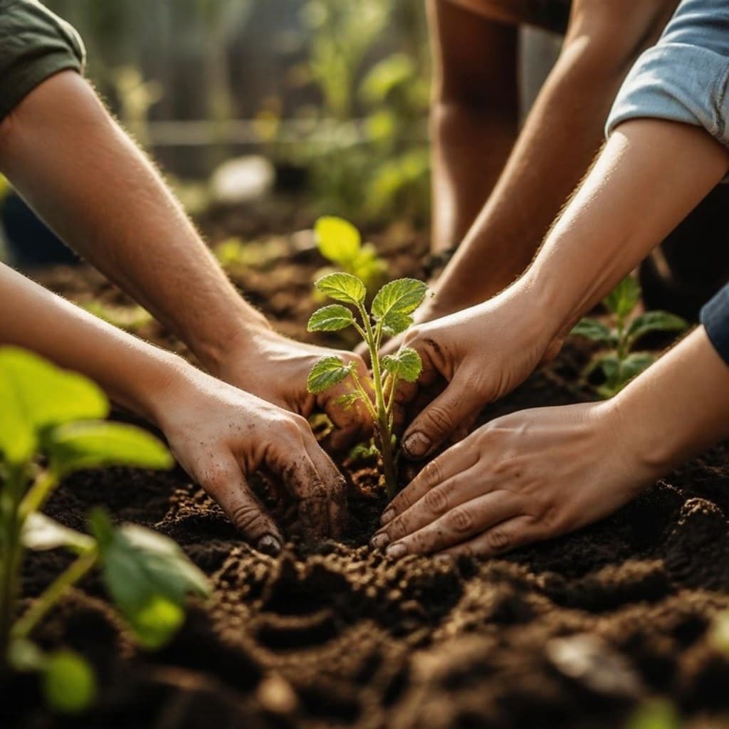 Mehrere Hände pflanzen gemeinsam einen Setzling in einem Gemeinschaftsgarten