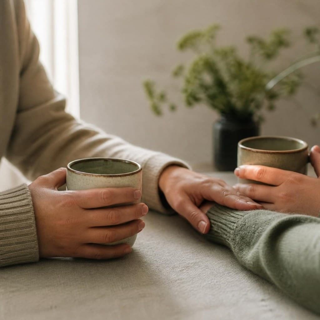 Zwei Hände mit Tassen, eine Hand legt sich unterstützend auf den Arm der anderen Person