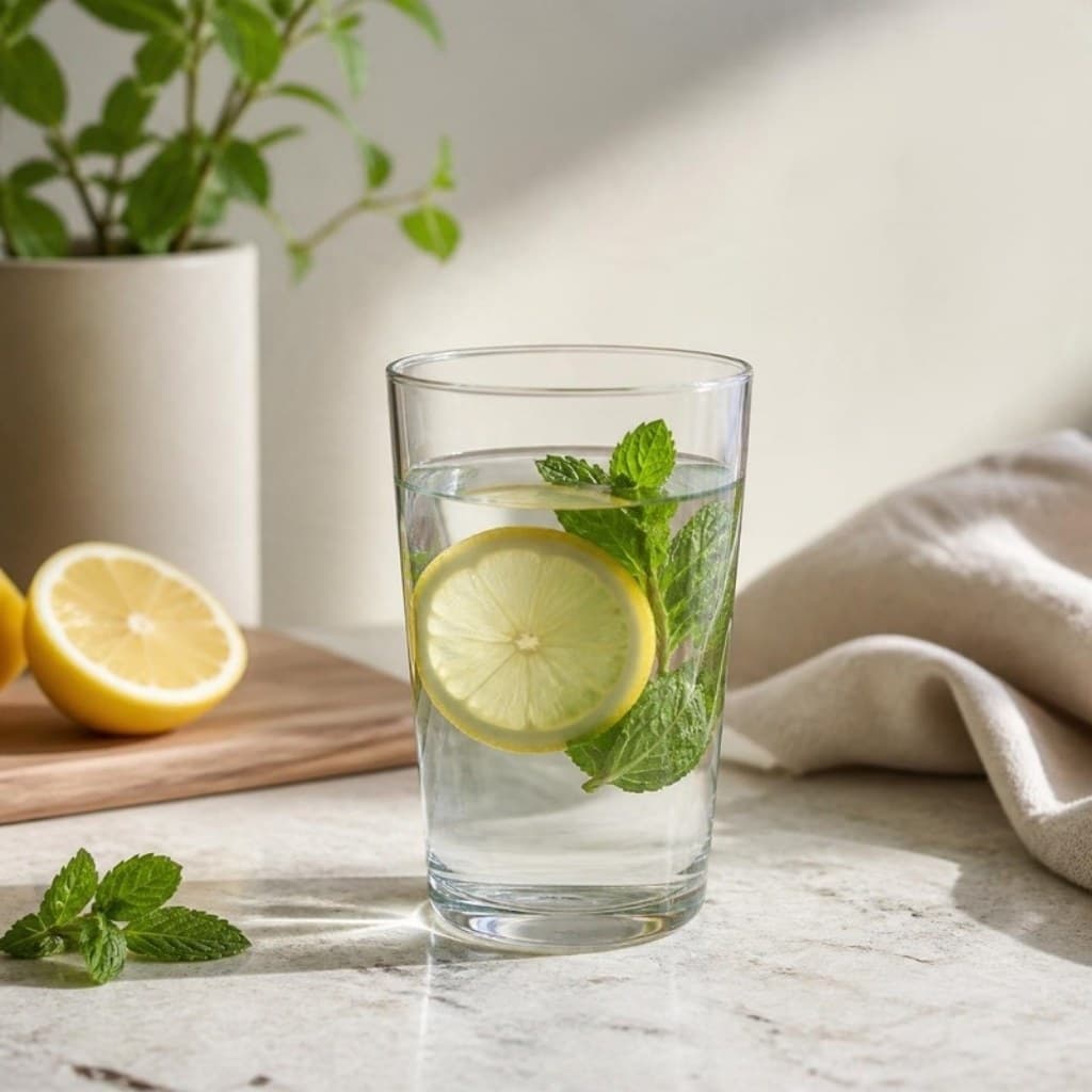 Glas Wasser mit Zitrone und Minze auf heller Arbeitsplatte