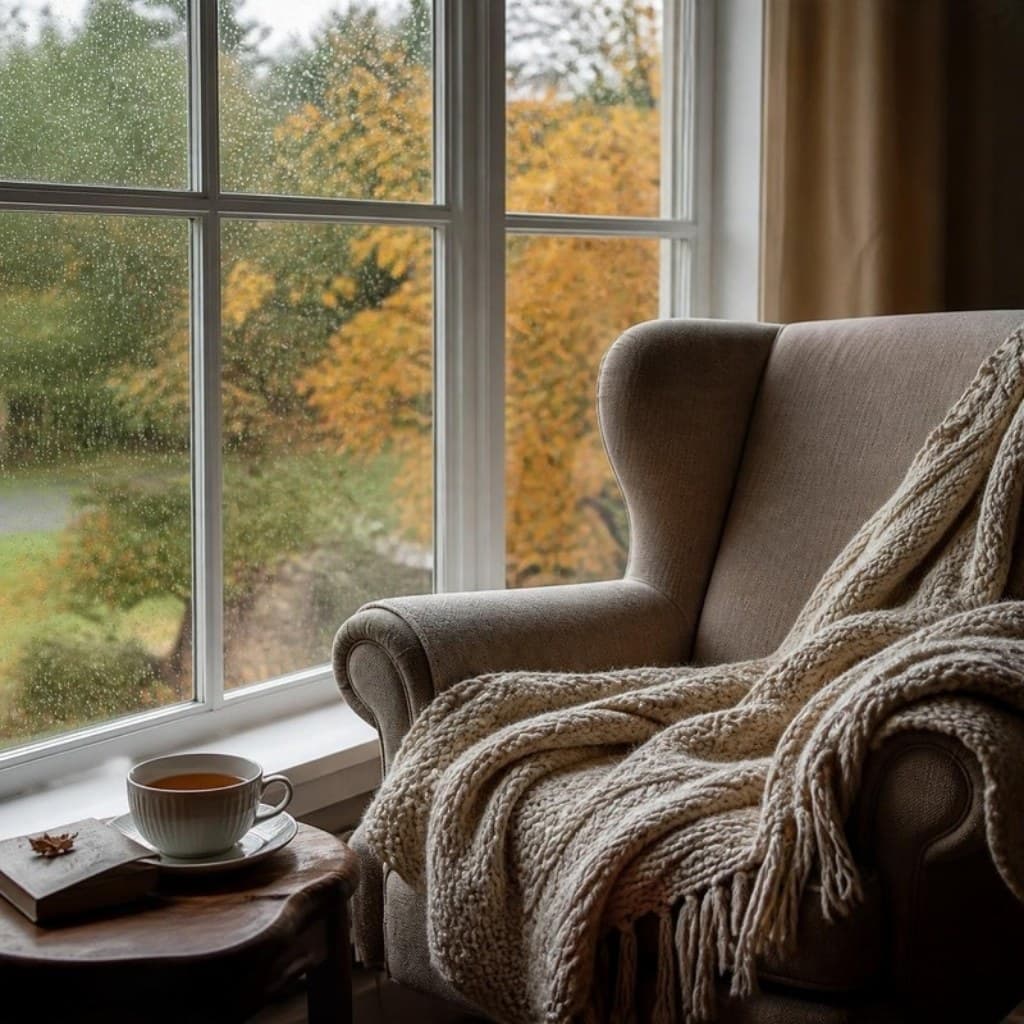Sessel am Fenster mit Strickdecke und Tee an einem Regentag