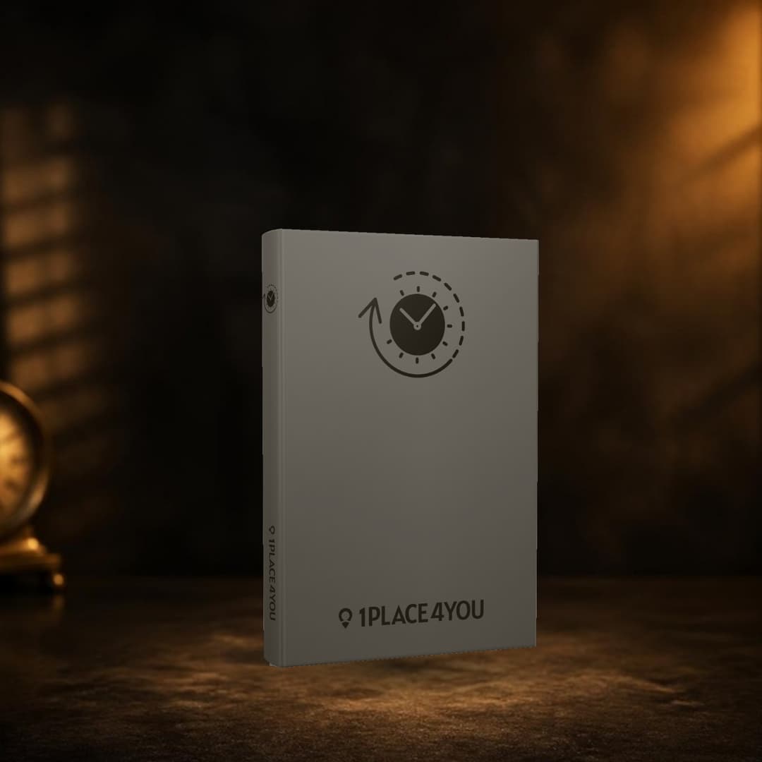 TIME PLANER von 1PLACE4YOU: graues Hardcover-Buch auf einem dunklen Tisch im warmen goldenen Abendlicht