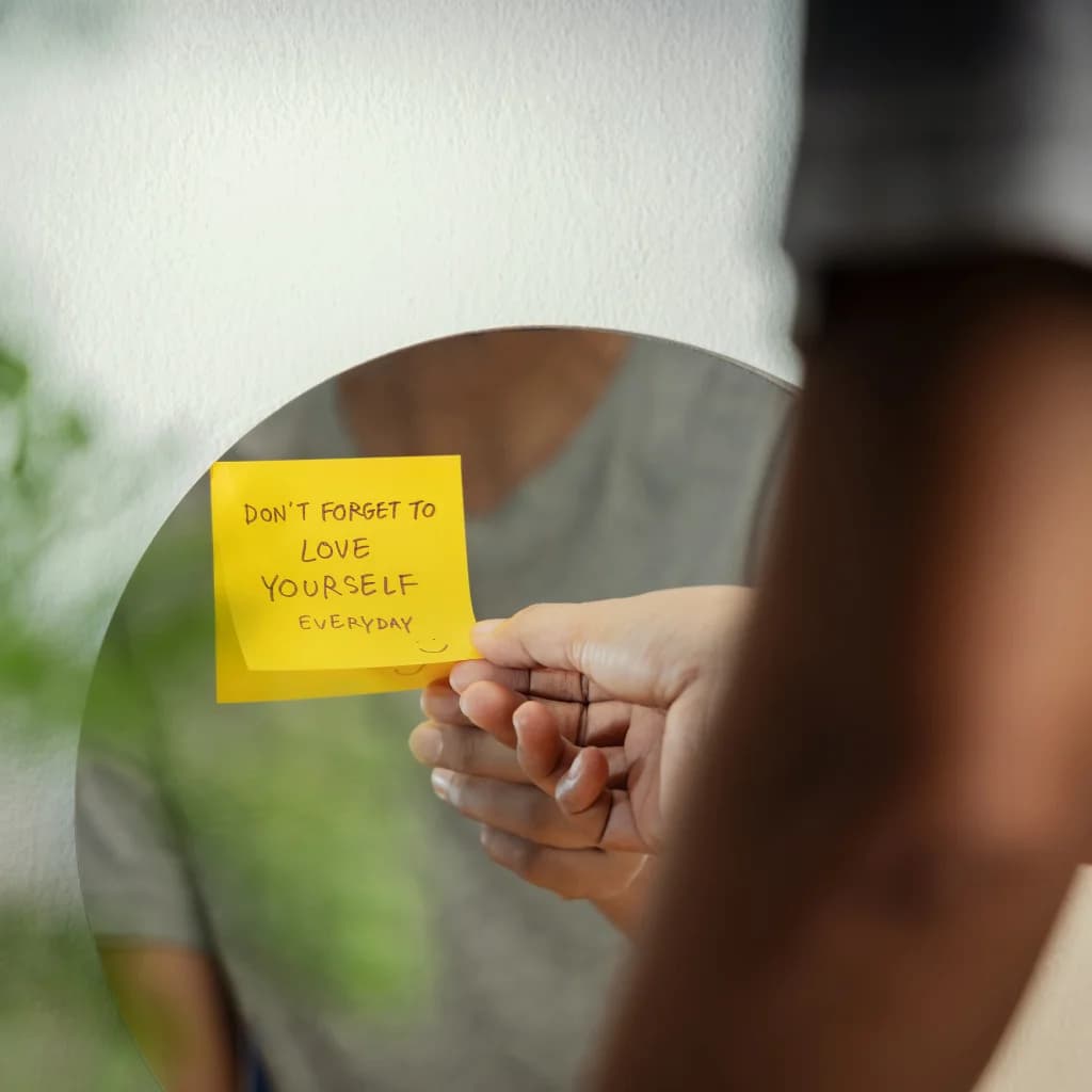 Hand reicht einen gelben Zettel mit „Don’t forget to love yourself“
