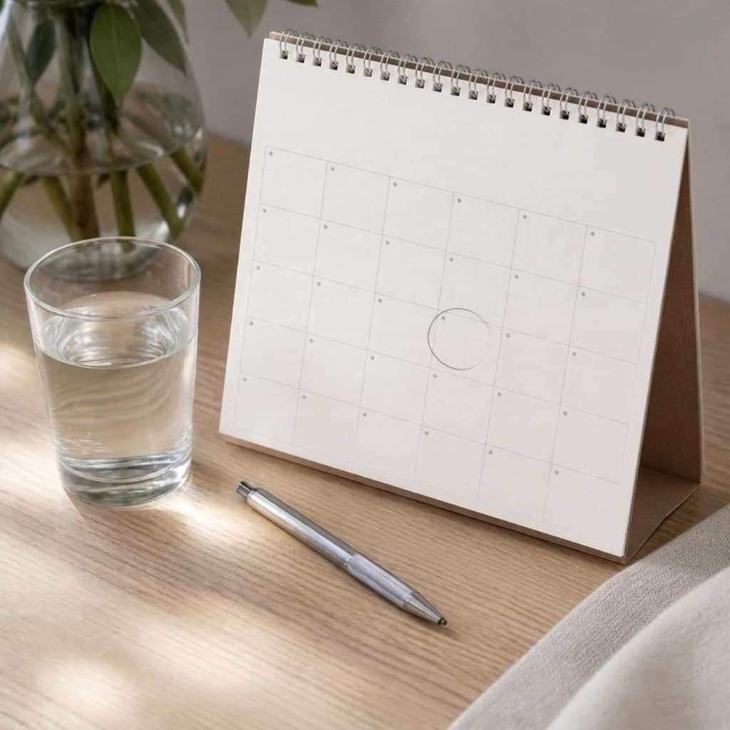 Tischkalender mit markiertem Datum neben einem Glas Wasser