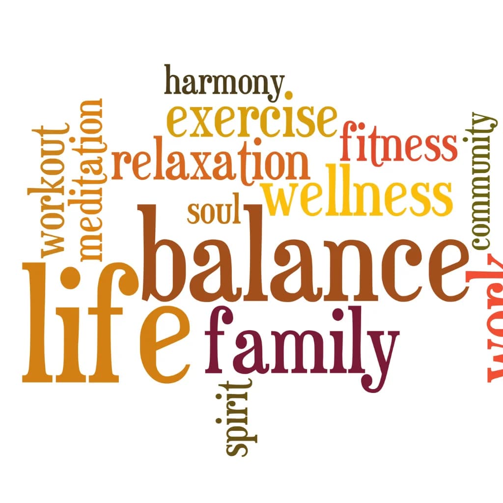 Wortwolke mit „life“, „balance“, „family“, „fitness“ und „wellness“